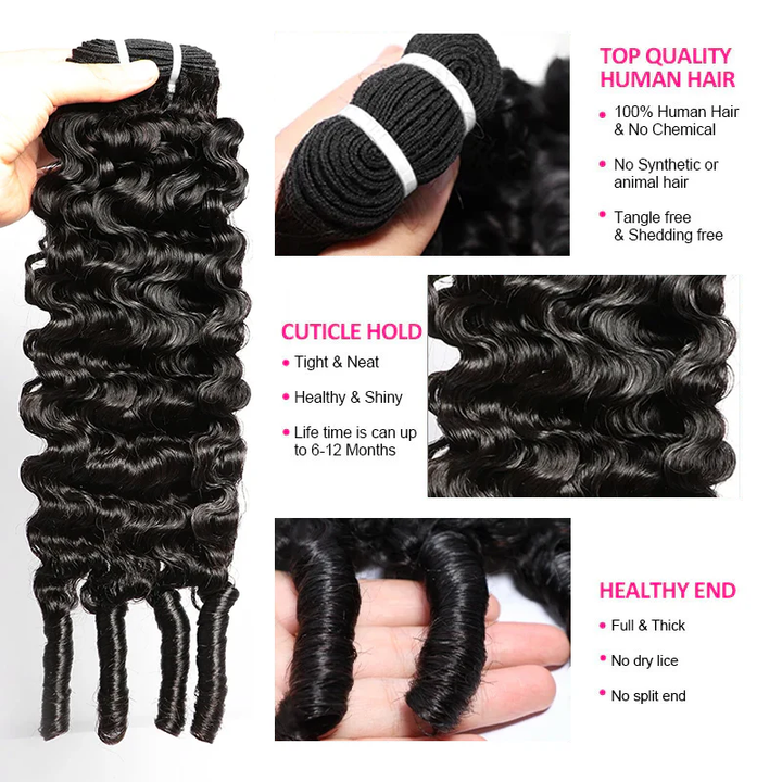Burmese curly human hair extensions on a white background and it feature with 100% human hair and neat curly pattern