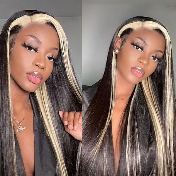 Ishow PPB™ Invisible Knots 613 Blonde Skunk Stripe Straight Human Hair Wigs Glueless Pre Cut Wigs