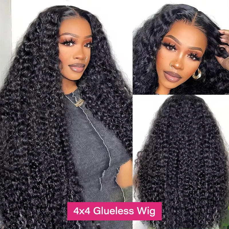 Model Wearing 4X4 Glueless Deep Wave Wig With Natural Curls and Layered Volume