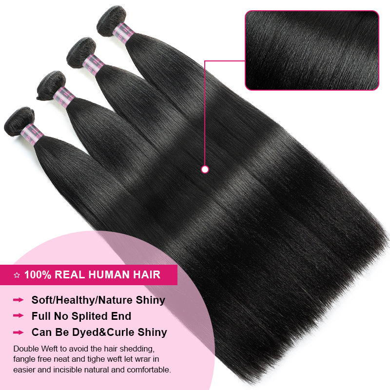 Ishow Bundles With Closure Malaysian Yaki Straight Human Hair 4 Bundles With 4x4 Lace Closure