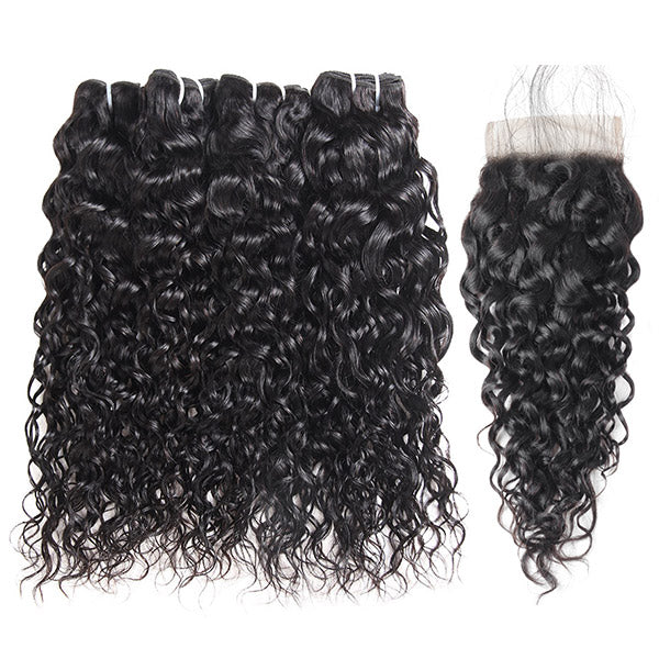 Malaysian Water Wave Human Hair Weave 4 Bundles With Lace Closure Ishow 100% Remy Virgin Human Hair Extensions