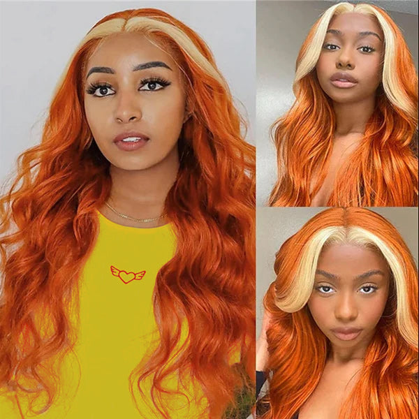 Model Showcasing Ginger Blonde Body Wave Wig With Striking Orange Highlights