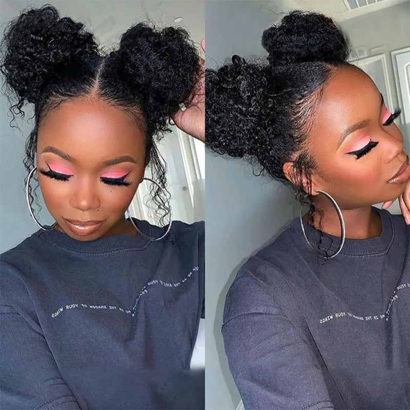 Kinky Curly Human Hair Wig Styled in Two Buns for a Natural Look