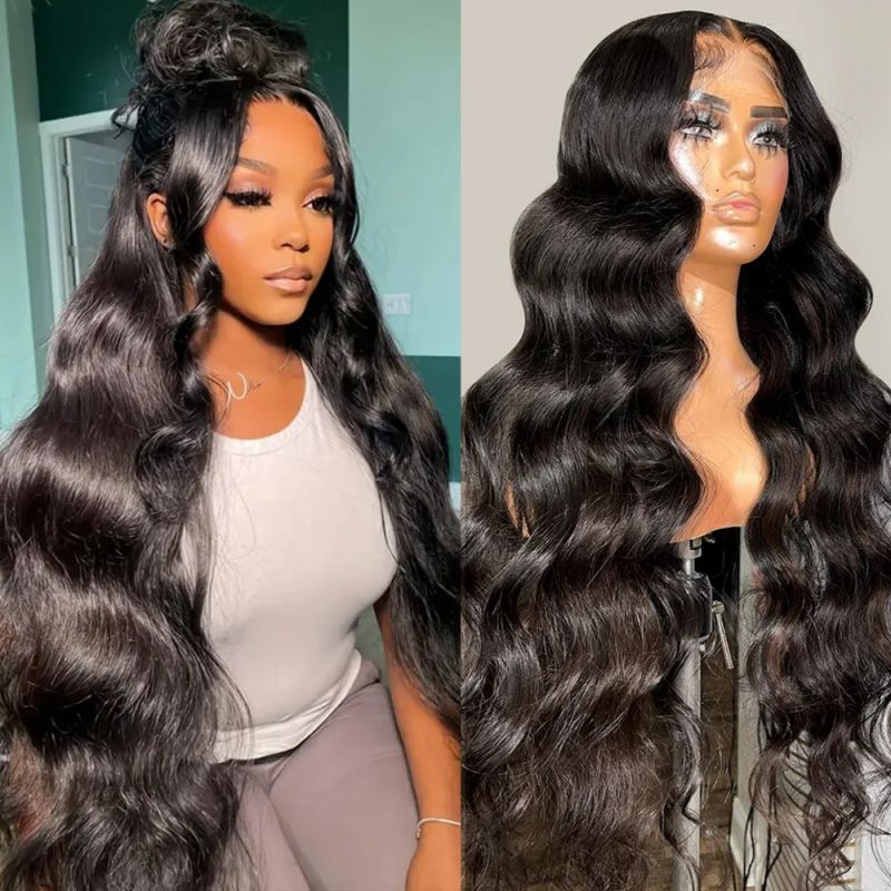 Natural Black Body Wave Wig Displayed On a Model and Mannequin