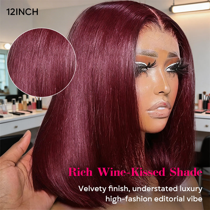 Person wearing a burgundy straight bob wig with a close-up of hair texture and product details.