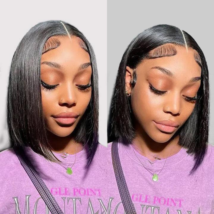 Straight Black Bob Hairstyle With Highlighted Roots and Baby Hairs