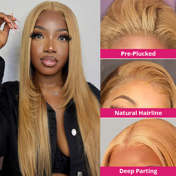 Honey Blonde Wigs Straight Human Hair Wigs 27# Color Lace Wigs 13x4 Lace Front Wigs