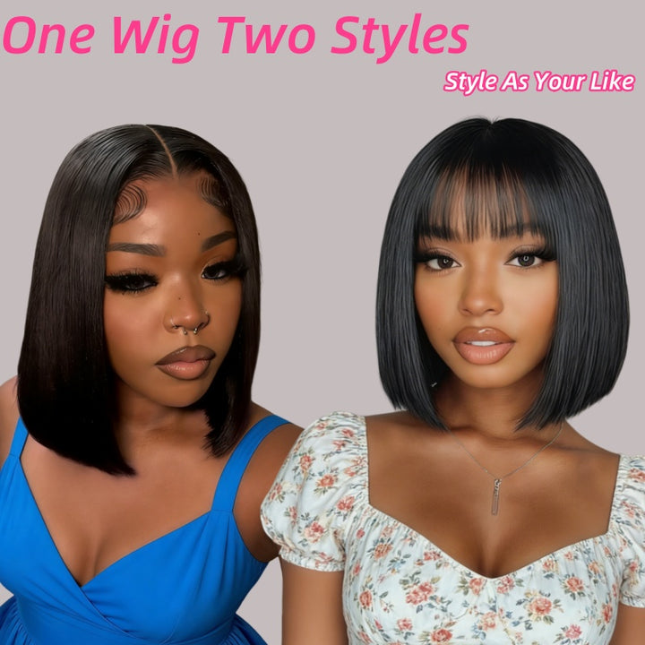 Two women wearing different style bob wigs with text 'One Wig Two Styles' and 'Style As Your Like'.