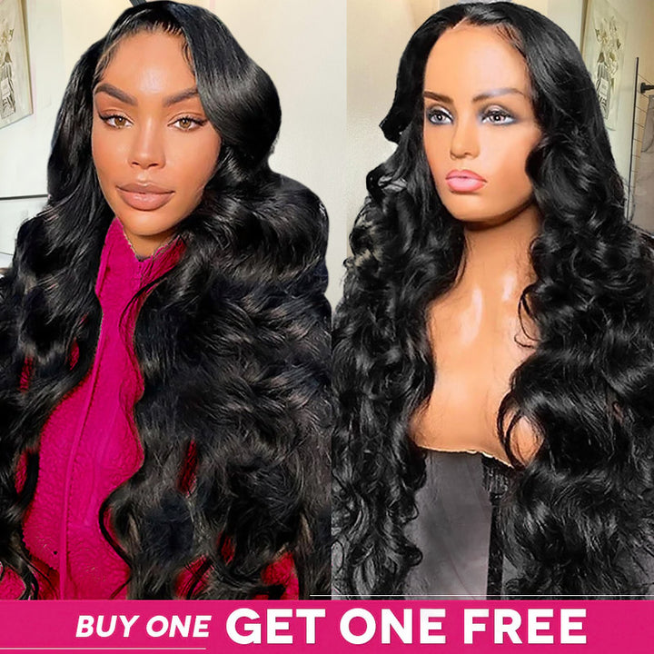 Comparison of a model and a mannequin both featuring body wave wigs in natural black color. Promotional banner reads 'BUY ONE GET ONE FREE.'