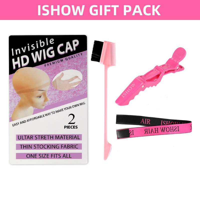 Ishow Hair Gift Pack-HD Wig Cap  Adjustable Edge Scarf Elastic Headband With Magictape Babyhair Brush Clips