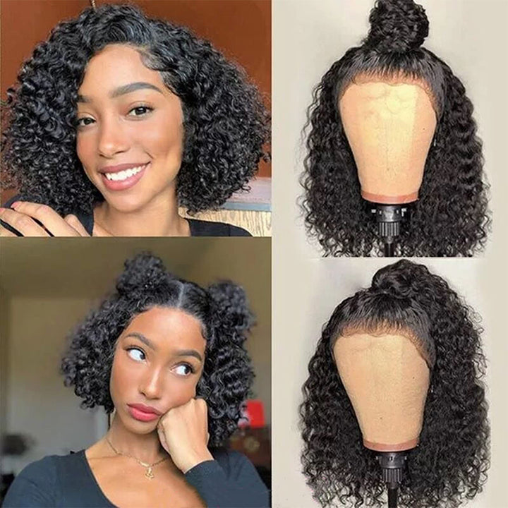 Deep Curly Bob Wig On Mannequin With Pre-Plucked Hairline and Styling Examples