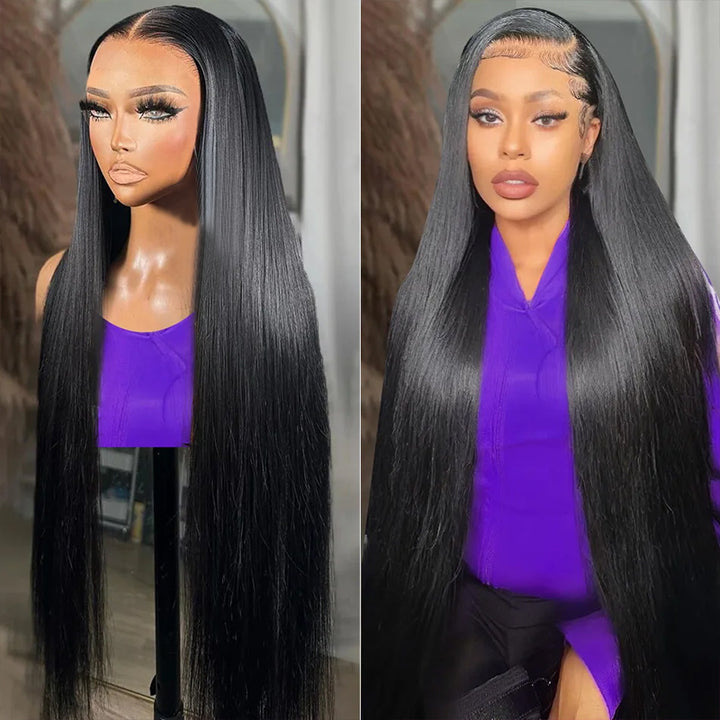 Model Showcasing Sleek Straight 40-Inch Human Hair Wig in Natural Black