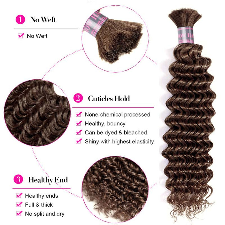 Ishow #4 Brown Deep Wave Human Hair Bulk For Braiding No Weft Hair Extensions