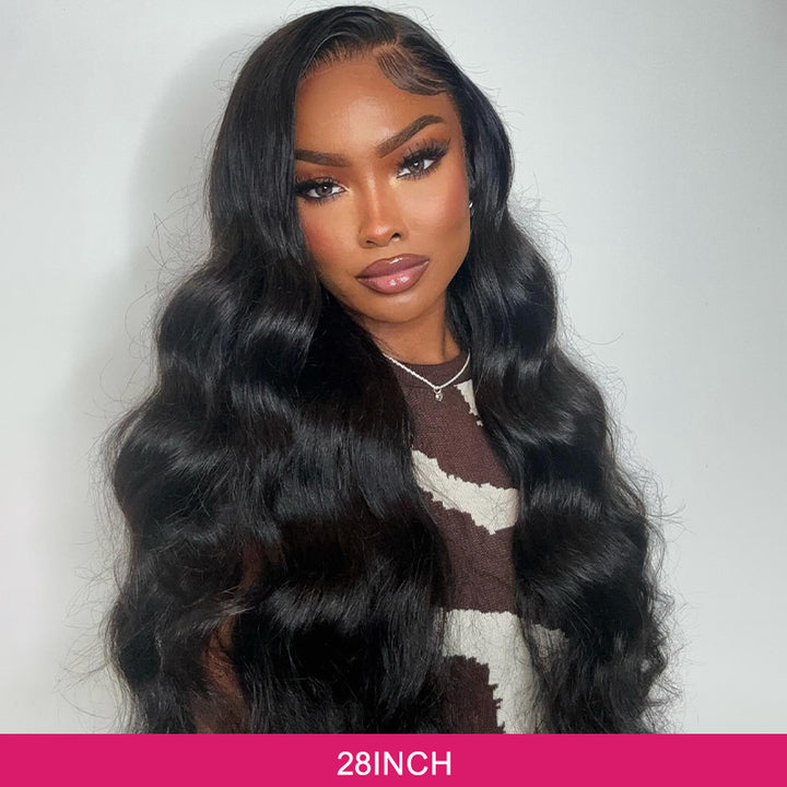 Model Wearing 28-Inch Body Wave Lace Front Wig in Natural Black Color