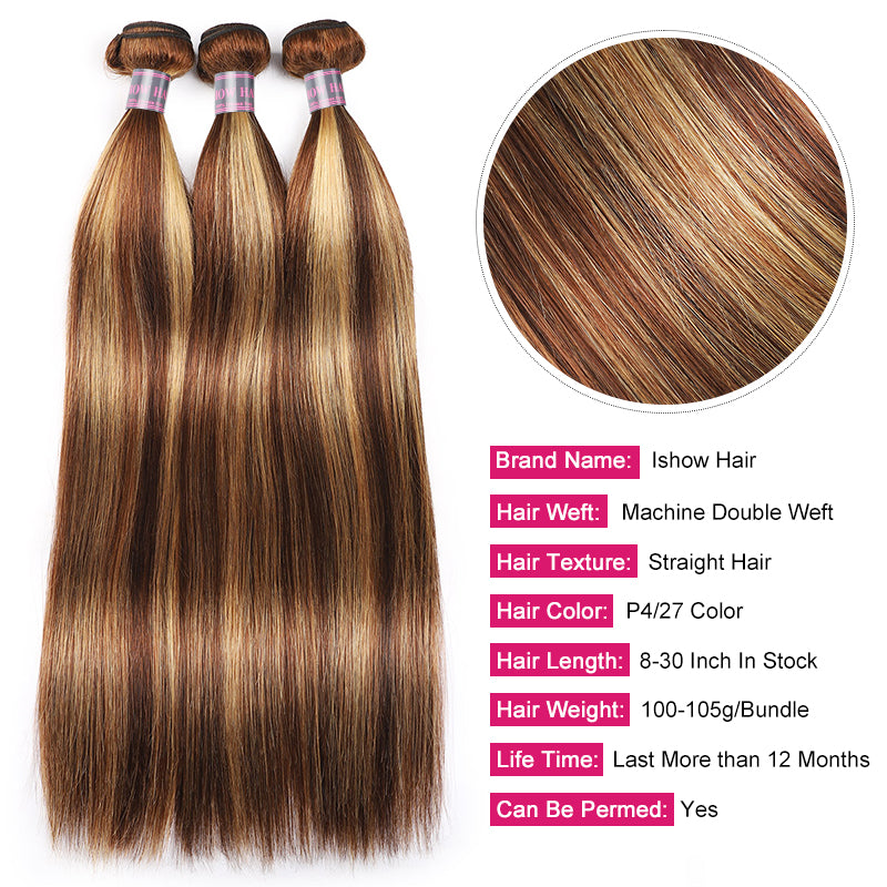 Ishow Beauty P4/27 Honey Blonde Straight Human Hair Weave Bundles With 13x4 Lace Frontal - IshowHair