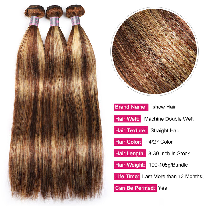 Ishow Beauty P4/27 Honey Blonde Straight Human Hair Weave Bundles With 13x4 Lace Frontal - IshowHair