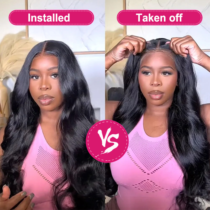 Comparison of Glueless Body Wave Wig Worn and Removed By Model