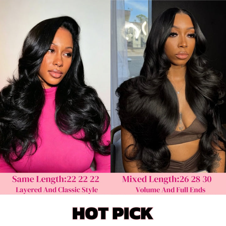 Two Women With Body Wave Hair Bundles, One In A Pink Top And The Other In A Brown Top, With Text Detailing Hair Length And Styles.