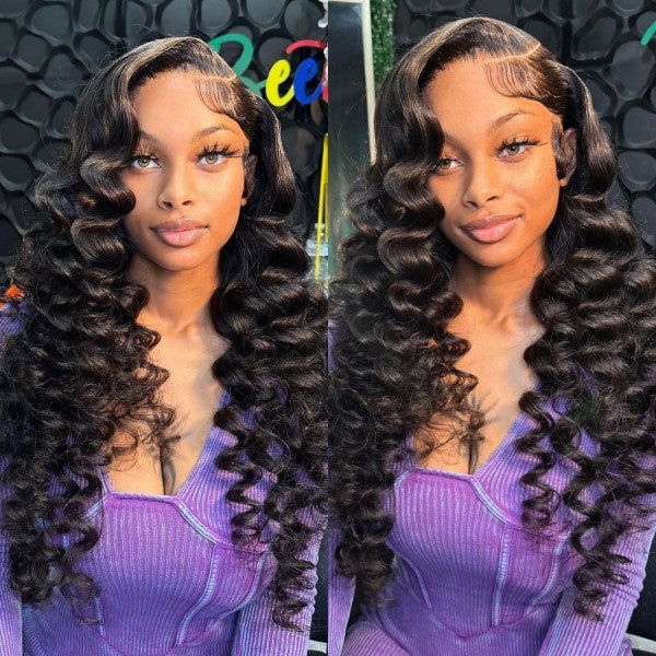 Woman With Long Deep Wave Hair in Curls, Wearing Purple Top