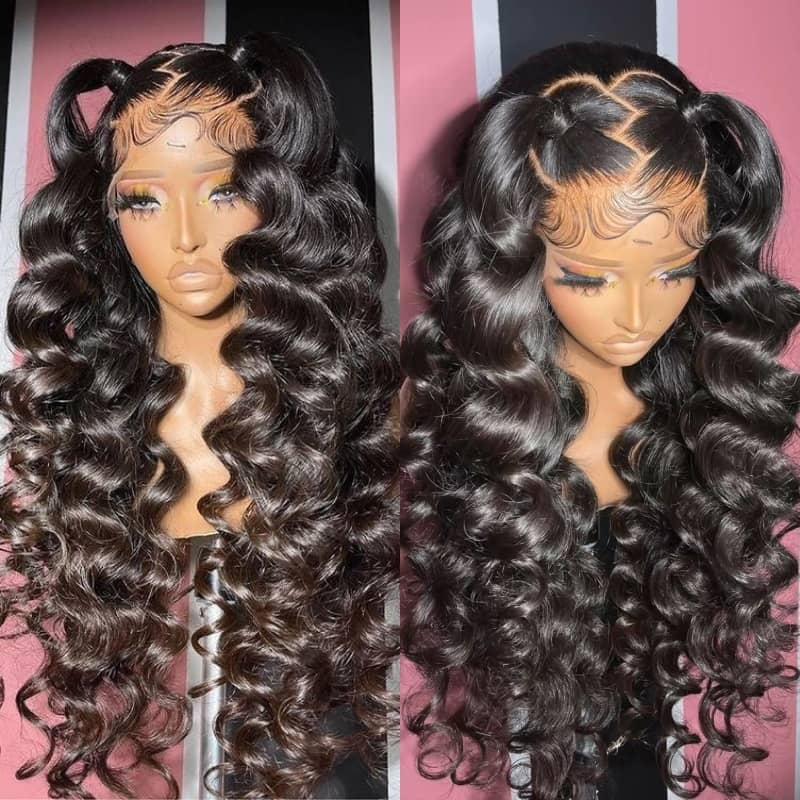 Loose Deep Wave Lace Front Wig Styled With Two Buns and Curls, Natural Black Color