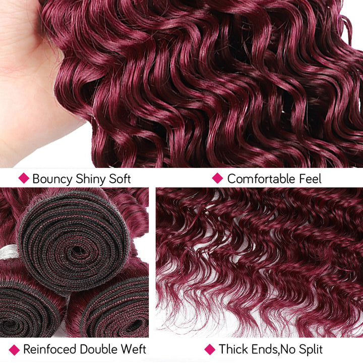 99J Burgundy Deep Wave Hair Bundles With Bouncy Curls and Shiny Surface