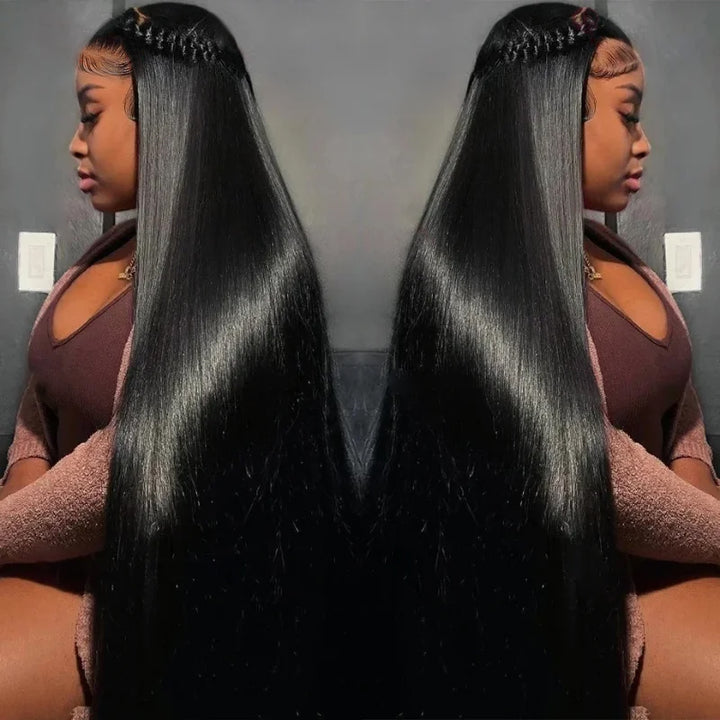 Ishow 40 Inch Straight Black Lace Front Wig Worn By Model With Natural Hairline