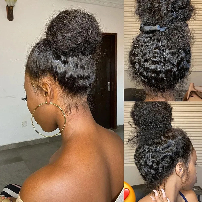 Kinky Curly Human Hair Wig Styled in a Bun, Showing Natural Curls and Adjustable Straps