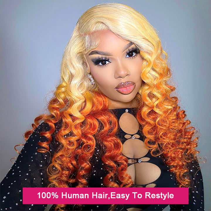 24 Inches Lace Front Wig in Blonde and Orange Gradient On Woman With Soft Waves