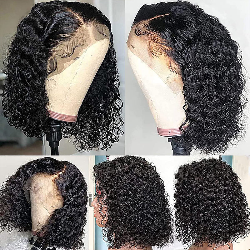 Deep Curly Bob Wig On Mannequin, Showcasing Pre-Plucked Hairline and Natural Curls