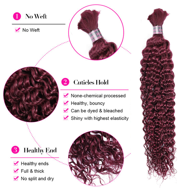 Ishow Deep Wave 99J Burgundy Bulk Raw Human Hair For Braiding Bundles No Wefts Human Hair Extensions