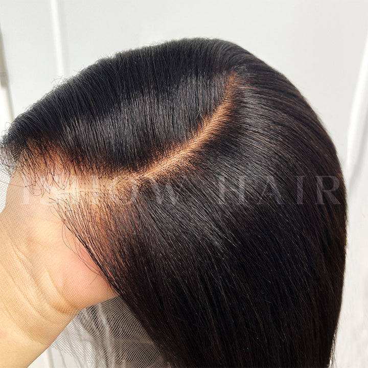 Close-Up of Pre-Plucked Yaki Straight Bob Wig Lace Showing Natural Hairline