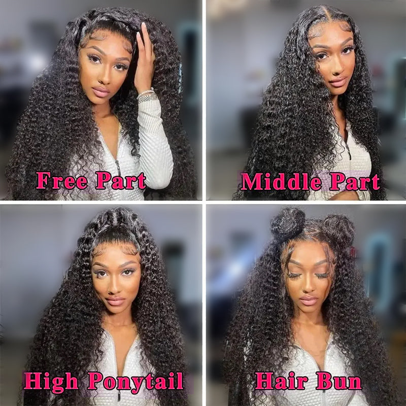 Model Showcasing Four Styles of Deep Wave Wig: Free Part, Middle Part, Ponytail, and Bun