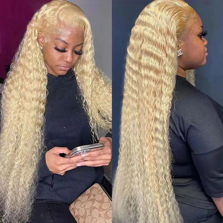 Model With 613 Blonde Deep Wave Wig in Salon, Showing Multiple Angles of Hairstyle