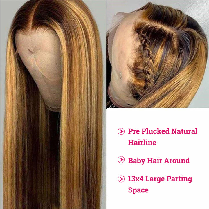 32inch Balayage Highlight Hair 13X4 Frontal Lace Wigs Straight Pre Plucked Human Hair Wigs