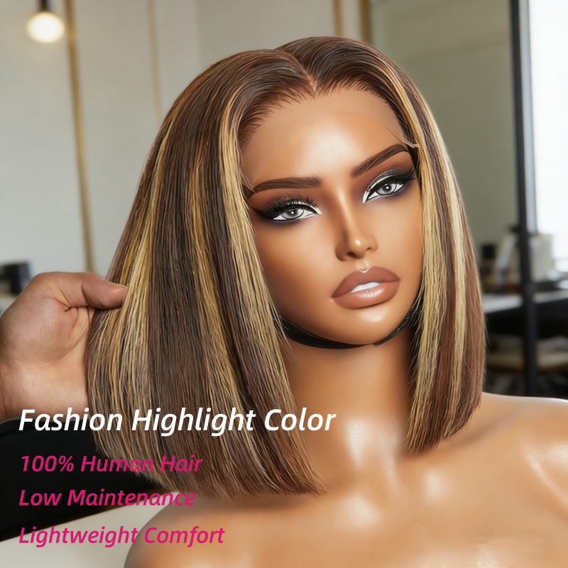 Mannequin head with a p4/27 straight bob wig, showcasing fashion highlight color with text about hair quality.