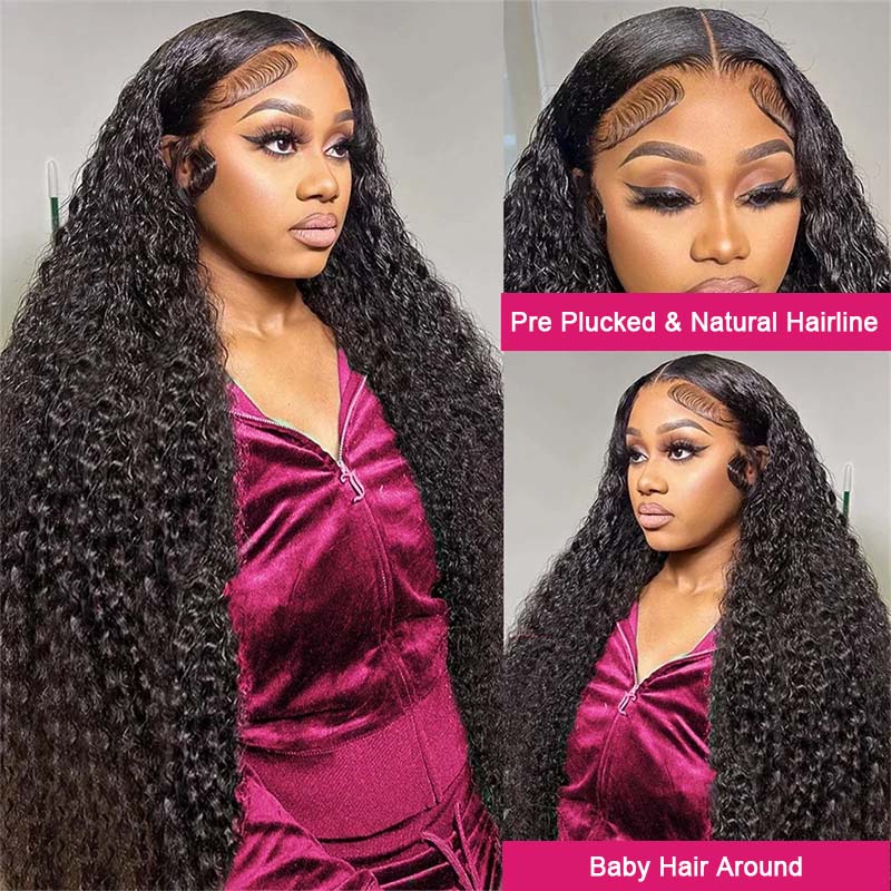 Woman Showcasing Long, Pre-Plucked Water Wave Wig in Natural Black Color