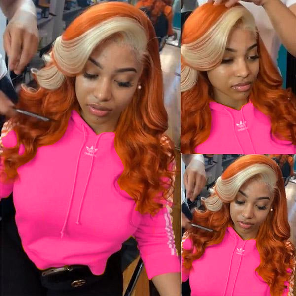 Model in Pink Hoodie Showcasing Ginger Blonde Body Wave Wig in Three Different Angles