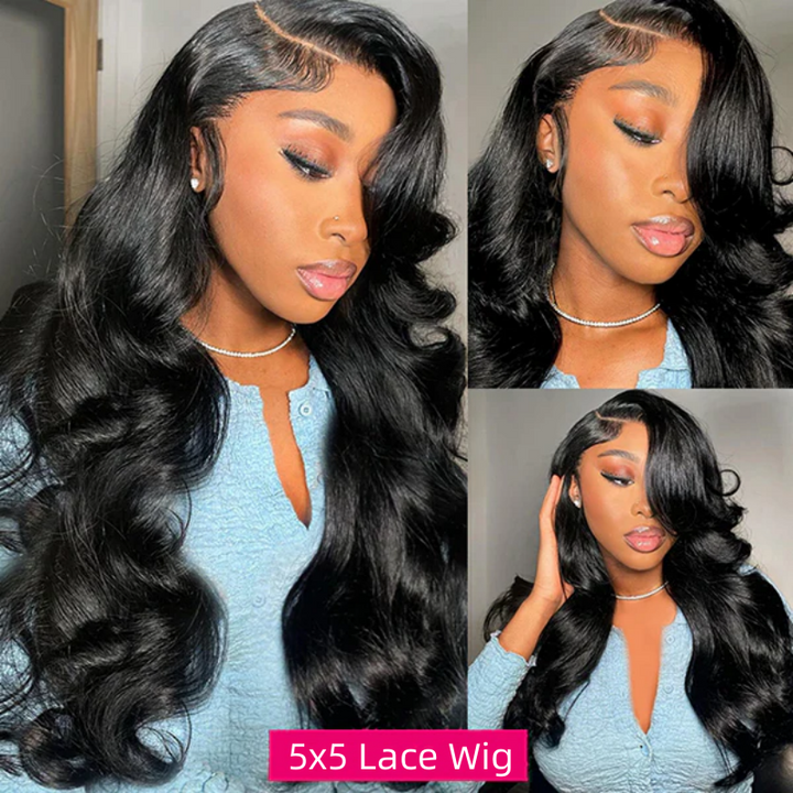 Gorgeous Model Flaunting 5X5 Lace Wig With Long, Natural Black Body Wave Hairstyle