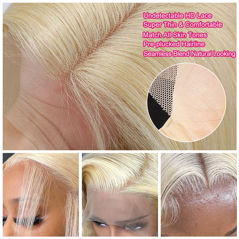 Mannequin Wearing 613 Blonde Deep Wave Wig With HD Transparent Lace Front and Hair Clips
