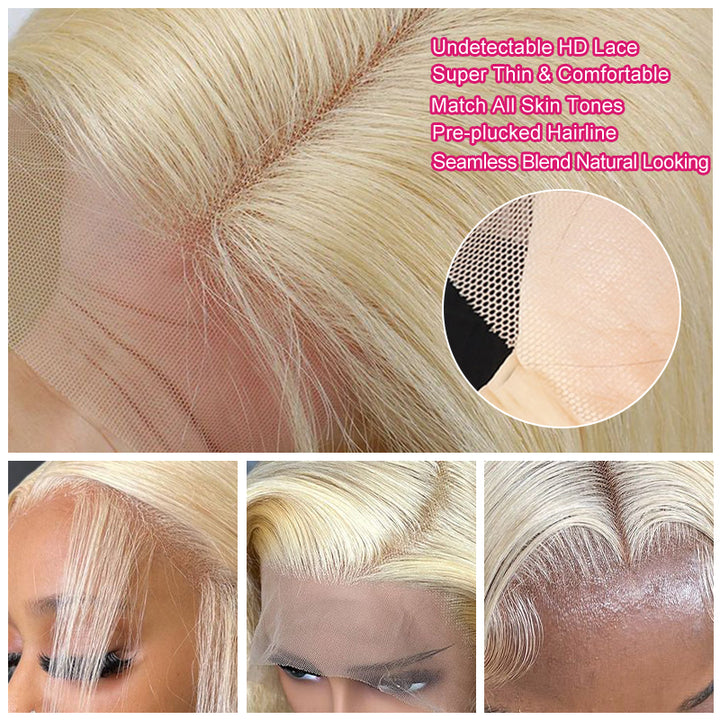 Mannequin Wearing 613 Blonde Deep Wave Wig With HD Transparent Lace Front and Hair Clips
