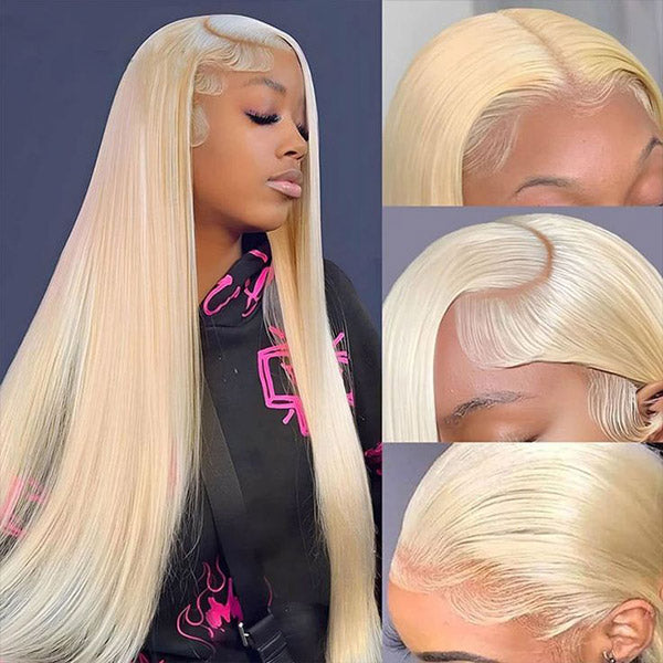 Blonde Lace Frontal Wig Styled Straight With Seamless Hairline Details