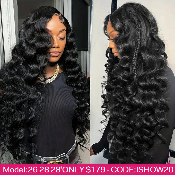 Model With Long Loose Wave Bundles in Natural Black Hair, Priced at $179 With Code Ishow20