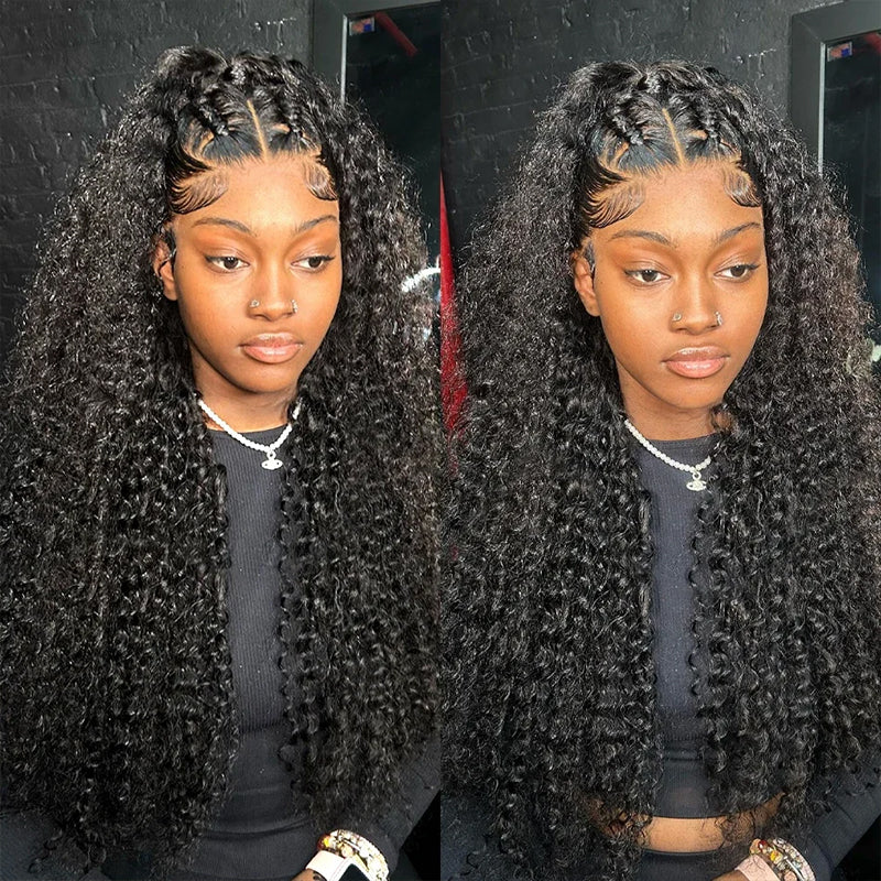 Model With Voluminous Deep Curly Lace Front Wig in Natural Black Color