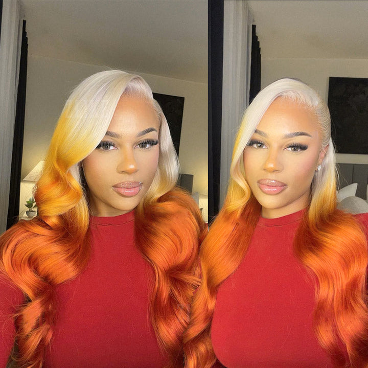 Lace Front Wig in Blonde and Orange Gradient On Woman With Soft Waves