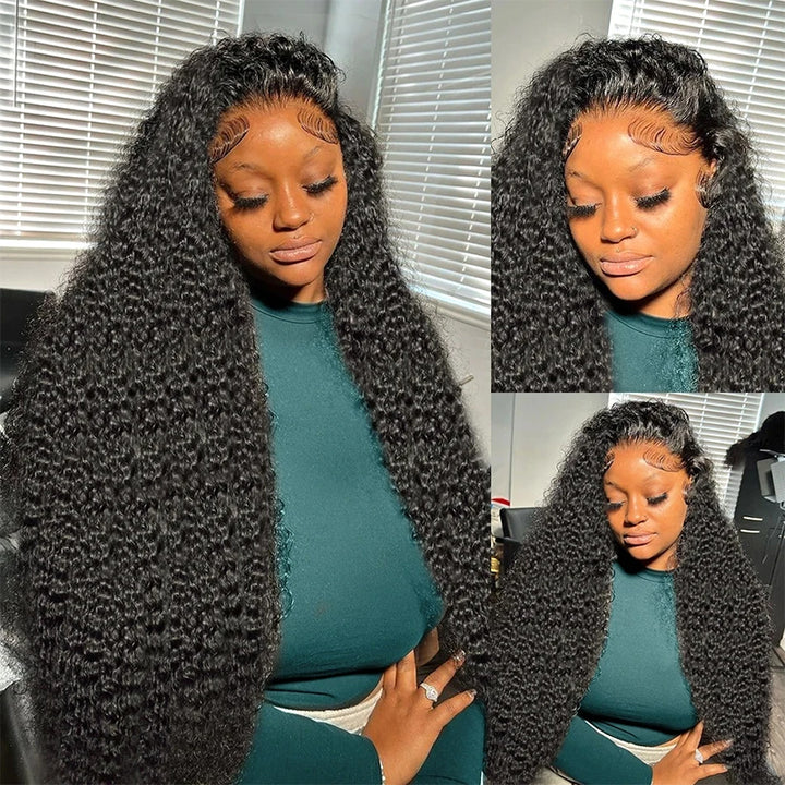 Kinky Curly Human Hair Wig Styled Down On a Model, Showcasing Natural Texture and Volume