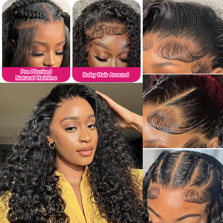 Close-Up of Deep Wave Lace Frontal Wig With Natural Black Color and Detailed Hairline
