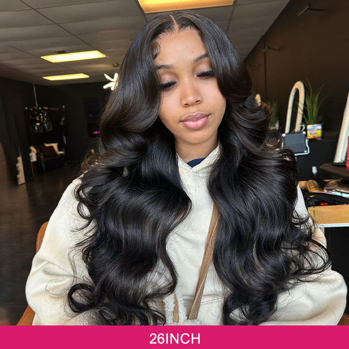 26-Inch Body Wave Lace Front Wig Worn By Model With Natural Black Hair