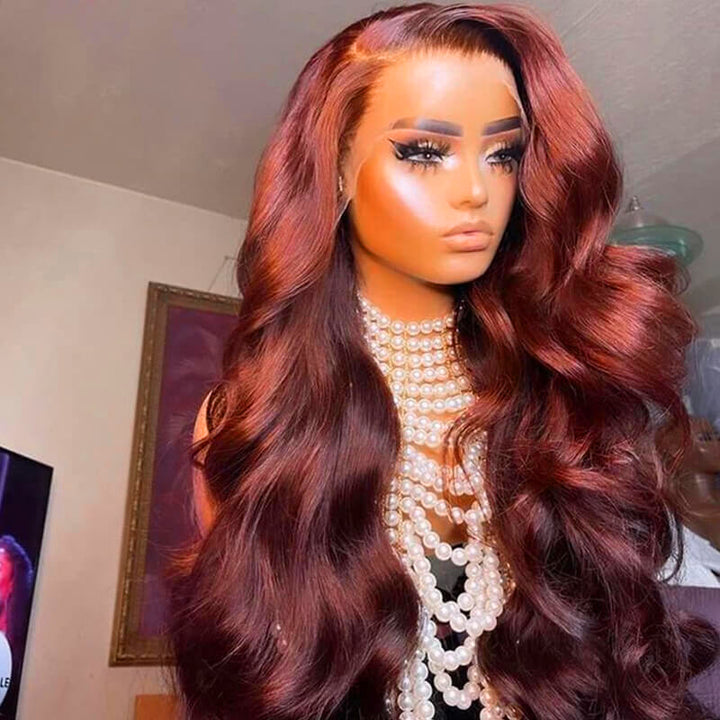 Reddish Brown Human Hair Wigs 13x4 Body Wave Pre Plucked Wigs Frontal Wigs With Natural Hairline