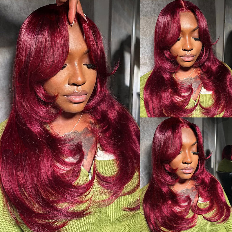 Ishow 99J Burgundy Layered Cut Straight and Body Wave 13x4 Lace Front Wig Pre-Everything Invisible Knots 5x5 Lace Glueless Wig