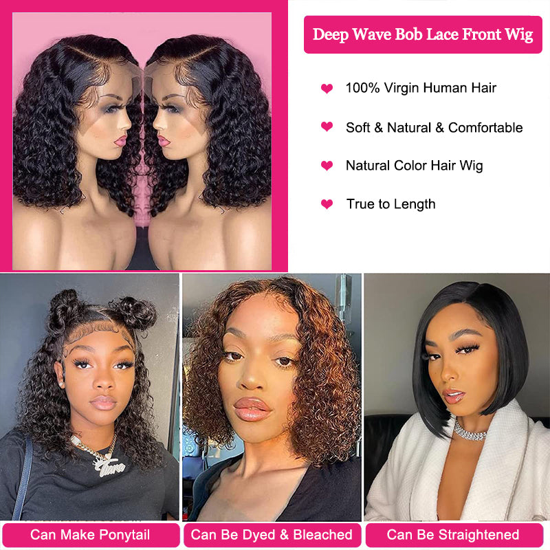 Ishow Deep Curly Bob Wig Brazilian Short Bob Wigs Deep Wave Lace Front Human Hair Wigs 200% Density